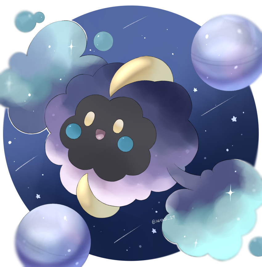 :d animal_focus artist_name commentary_request cosmog floating highres iwasi_29 night night_sky no_humans pokemon pokemon_(creature) shooting_star sky smile sparkle star_(sky) star_(symbol) twitter_username yellow_eyes