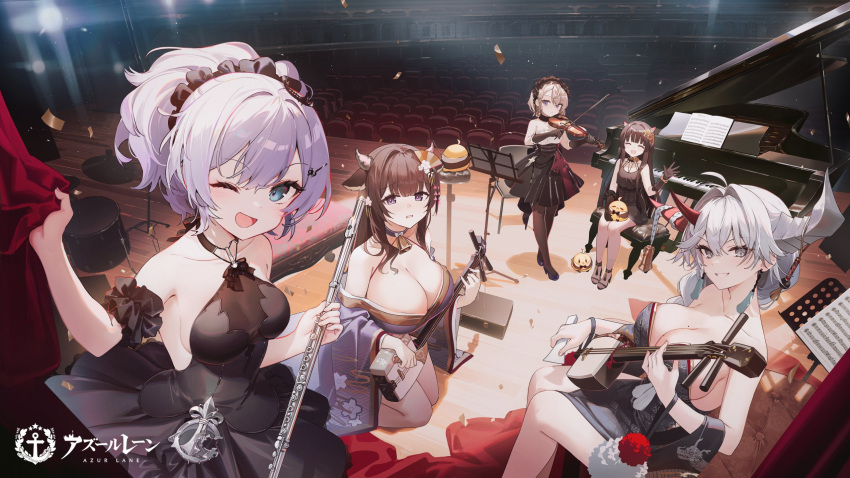 5girls animal_ears azur_lane bare_shoulders black_dress black_gloves black_hair black_pantyhose blue_eyes breasts brown_hair closed_eyes dress gloves grey_eyes hair_ornament hair_scrunchie hakuryuu_(azur_lane) hakuryuu_(flash_of_silk_and_strings)_(azur_lane) highres holding holding_instrument instrument javelin_(a_different_dance)_(azur_lane) javelin_(azur_lane) kashino_(azur_lane) kashino_(robust_floral_strings)_(azur_lane) kneeling large_breasts long_hair looking_at_viewer manjuu_(azur_lane) medium_breasts mole mole_on_breast multiple_girls official_alternate_costume official_art one_eye_closed open_mouth pantyhose ponytail purple_hair sakawa_(azur_lane) sakawa_(the_keys_of_love)_(azur_lane) scrunchie shnva sitting smile standing white_hair z23_(azur_lane) z23_(tanz_der_blumen)_(azur_lane)