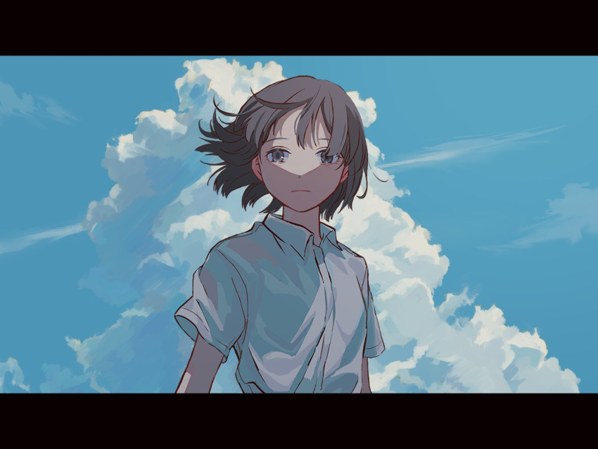 1girl blue_sky brown_eyes brown_hair character_request check_character closed_mouth cloud collared_shirt commentary_request cumulonimbus_cloud dress_shirt expressionless floating_hair hide_tani highres kurai_heya letterboxed looking_at_viewer oshigawa_keiko outdoors shirt short_hair short_sleeves sky solo upper_body white_shirt