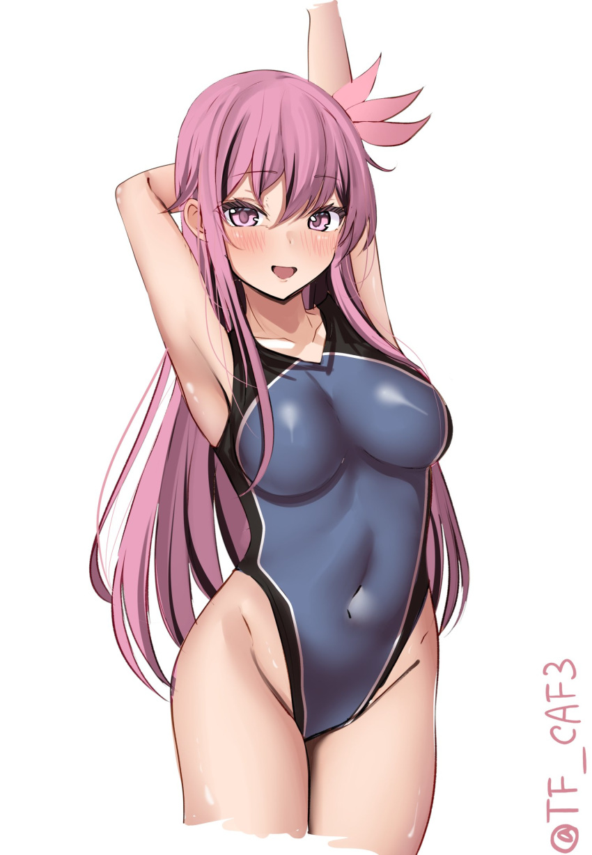 1girl arm_behind_head arm_up black_one-piece_swimsuit blue_one-piece_swimsuit blush breasts brown_hair collarbone covered_navel cowboy_shot hair_ornament highres kantai_collection kisaragi_(kancolle) long_hair looking_at_viewer medium_breasts one-piece_swimsuit open_mouth purple_eyes smile solo swimsuit tf_cafe twitter_username two-tone_swimsuit white_background