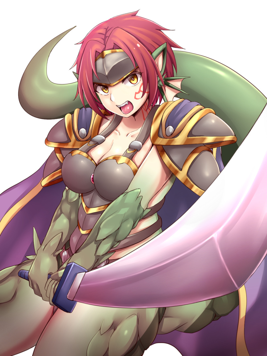1girl armor breasts cape cleavage collarbone colored_skin commentary_request cowboy_shot dragon_ears dragon_girl dragon_tail facial_tattoo fangs fins forehead_protector granberia green_skin grey_armor head_fins highres holding holding_sword holding_weapon large_breasts looking_at_viewer mon-musu_quest! monster_girl open_mouth parted_bangs pointy_ears purple_cape raichi_(ddq0246) red_hair scales short_hair shoulder_armor simple_background solo sword tail tattoo teeth tongue two-handed_sword upper_teeth_only weapon white_background yellow_eyes