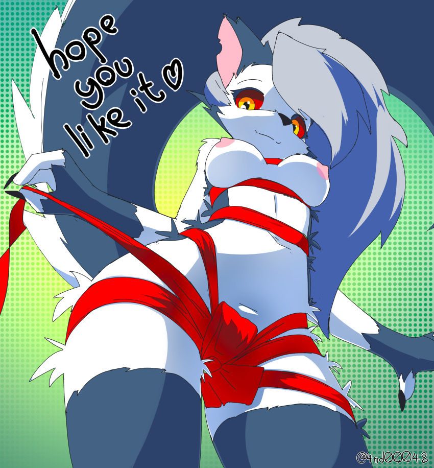 absurd_res ando anthro bow_ribbon breasts canid canine christmas christmas_clothing clothing dialogue exposed_breasts female fur gift_wrapped grey_body grey_fur helluva_boss hi_res holidays looking_at_viewer looking_down loona_(helluva_boss) low-angle_view mammal nipples red_eyes red_sclera solo solo_focus talking_to_viewer white_body white_fur worm's-eye_view yellow_eyes