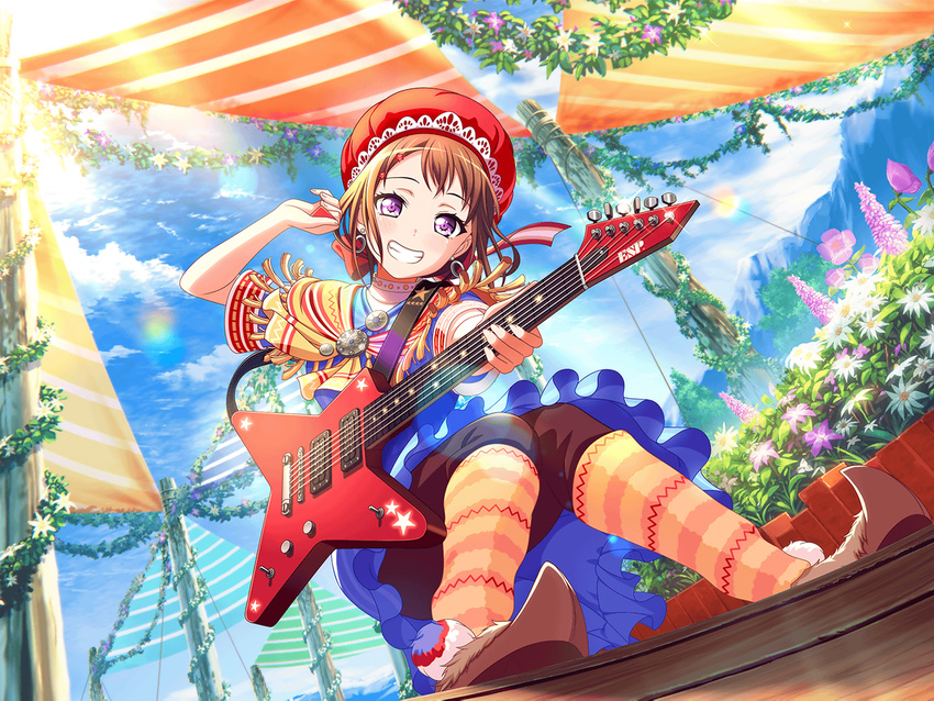 bang_dream! blush brown_hair dress guitar hat music short_hair smile toyama_kasumi violet_eyes