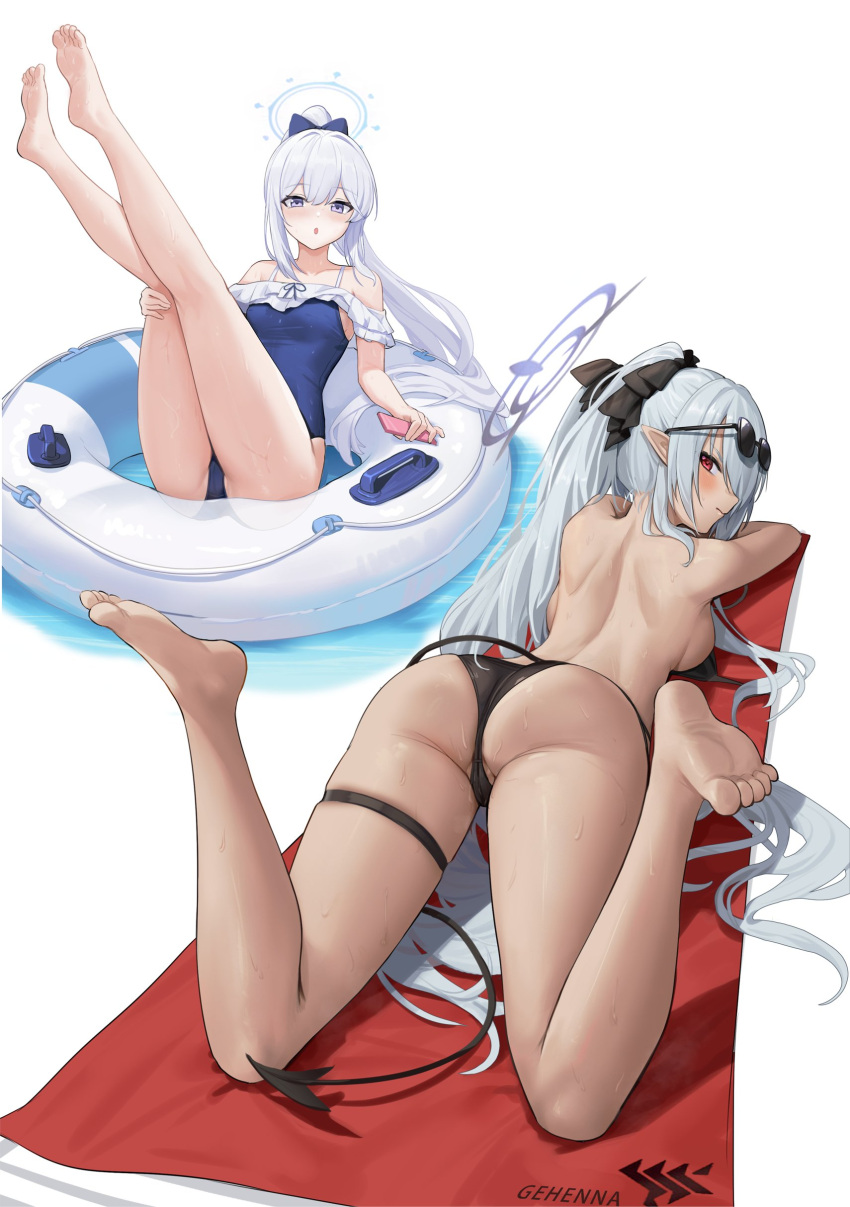 2girls absurdres bikini black_bikini black_ribbon blue_archive blue_bow blue_one-piece_swimsuit bow breasts cbmus cellphone dark-skinned_female dark_skin demon_tail eyewear_on_head frilled_one-piece_swimsuit frills grey_hair hair_bow hair_ribbon highres innertube iori_(blue_archive) iori_(swimsuit)_(blue_archive) miyako_(blue_archive) miyako_(swimsuit)_(blue_archive) multiple_girls official_alternate_costume one-piece_swimsuit phone pointy_ears ponytail purple_eyes red_eyes ribbon small_breasts smartphone sunglasses swimsuit tail twintails white_hair