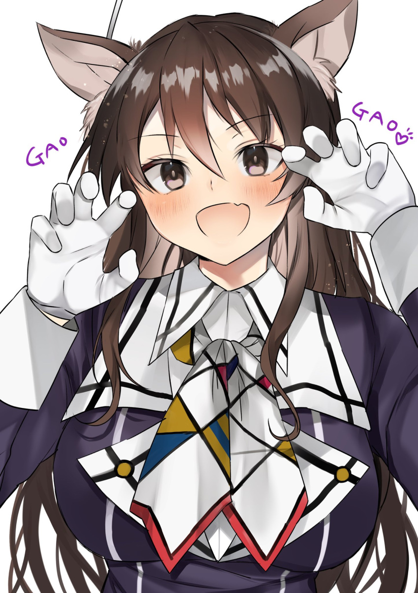 1girl animal_ears ashigara_(kancolle) blush breasts brown_eyes brown_hair fang gloves hair_between_eyes highres jacket kantai_collection large_breasts long_hair long_sleeves looking_at_viewer open_mouth purple_jacket simple_background skin_fang smile solo toriniku_senshi_chikinman upper_body white_background white_gloves wolf_ears