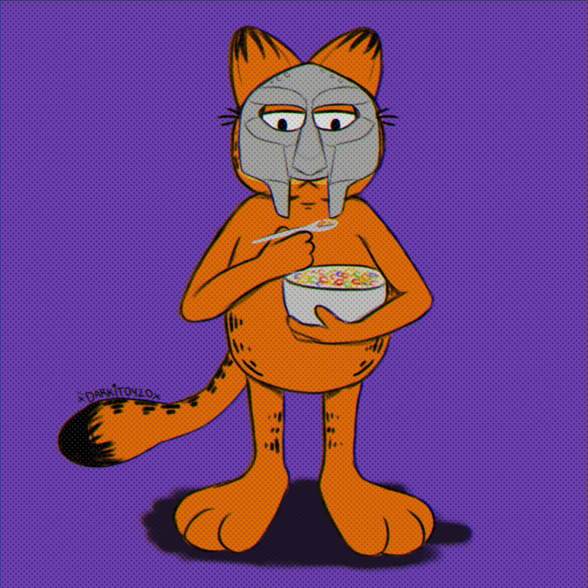 1:1 absurd_res anthro darkito420 digital_media_(artwork) domestic_cat felid feline felis fur garfield_(series) garfield_the_cat hi_res male mammal mf_doom orange_body orange_fur simple_background solo text