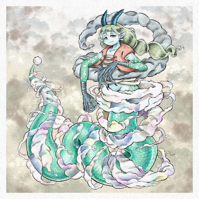 1girl :3 blue_horns blue_skin brown_background chikafumikou claws closed_mouth cloud colored_sclera colored_skin dragon_girl dragon_horns full_body fur-tipped_tail green_hair green_scales green_skin grey_eyes highres horns jacket long_fingers long_hair looking_at_viewer low-tied_long_hair monster_girl original pointy_ears red_jacket sarashi scales short_sleeves solo yellow_sclera