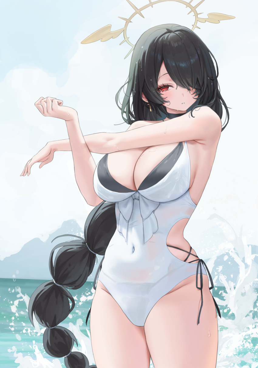 1girl absurdres bare_arms bare_legs bare_shoulders bikini black_bikini black_hair blue_archive blush braid breasts cleavage closed_mouth cowboy_shot day hair_over_one_eye halo highres hinata_(blue_archive) hinata_(swimsuit)_(blue_archive) large_breasts long_hair navel ocean official_alternate_costume outdoors p00nipooni red_eyes single_braid solo stretching swimsuit water yellow_halo