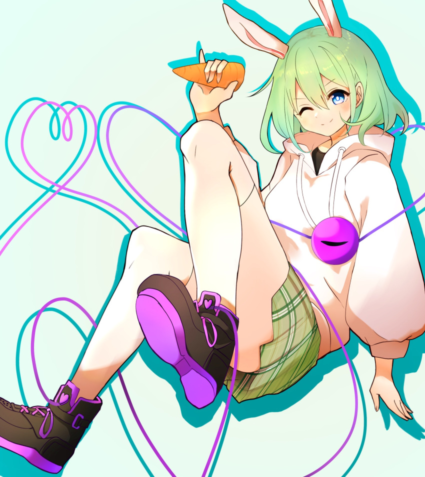 1girl ;) alternate_costume animal_ears arm_at_side black_footwear blue_eyes blush bright_pupils carrot casual chinese_zodiac closed_mouth commentary_request convenient_leg cross-laced_footwear double-parted_bangs drop_shadow foot_out_of_frame green_background green_skirt hair_between_eyes hand_up heart heart_of_string highres holding holding_carrot hood hood_down hoodie kemonomimi_mode knees_up komeiji_koishi koroyarou long_sleeves looking_at_viewer medium_hair miniskirt no_headwear one_eye_closed pinky_out plaid plaid_skirt pleated_skirt rabbit_ears shoes simple_background skirt smile sneakers solo split_mouth thighhighs third_eye touhou white_hoodie white_pupils white_thighhighs year_of_the_rabbit