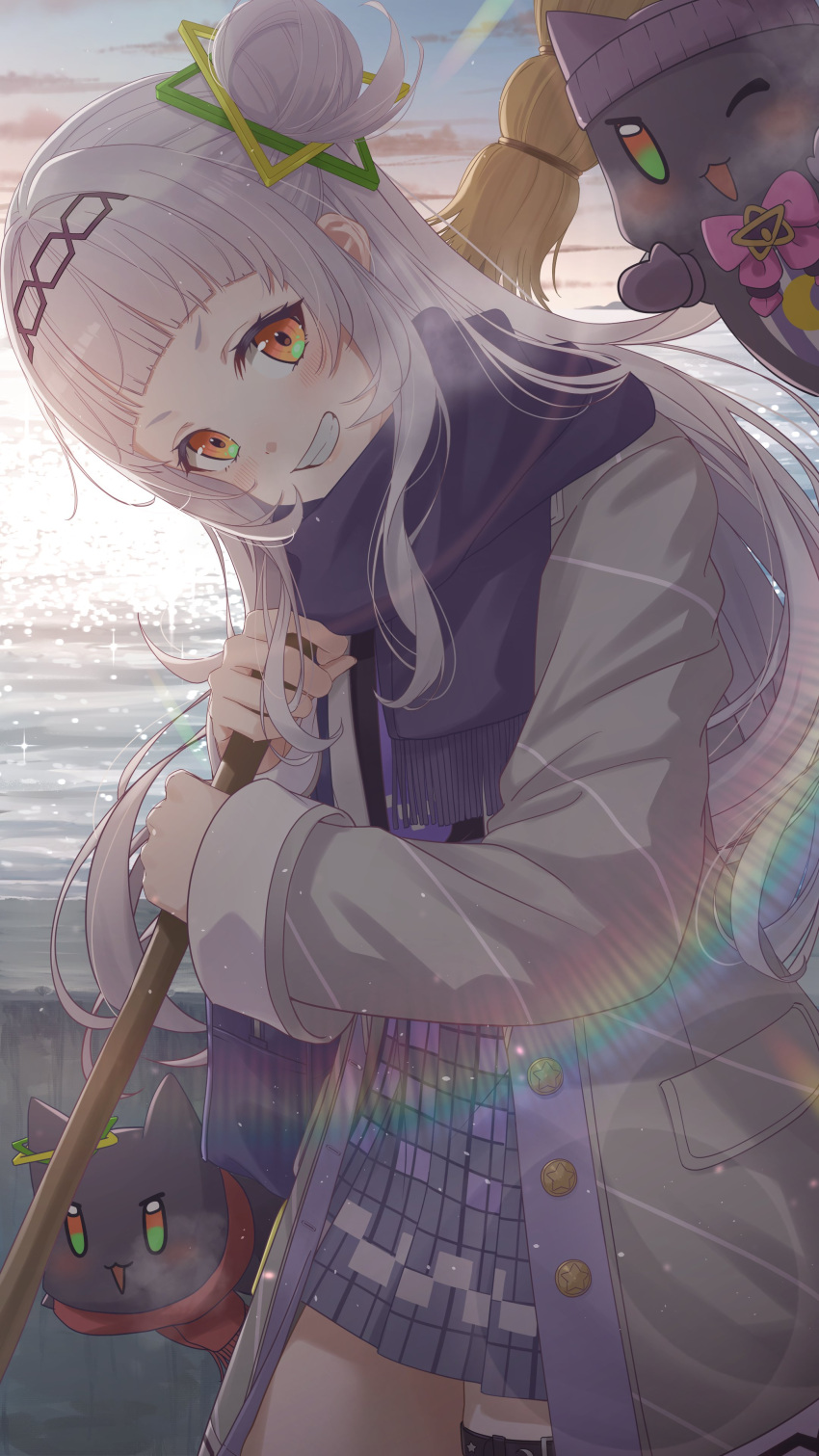 1girl absurdres blunt_bangs blush broom coat grey_hair grin hair_bun hair_ornament headband highres holding holding_broom hololive lens_flare looking_at_viewer murasaki_shion ocean orange_eyes scarf shima6644 sky smile solo thighhighs virtual_youtuber winter_clothes winter_coat
