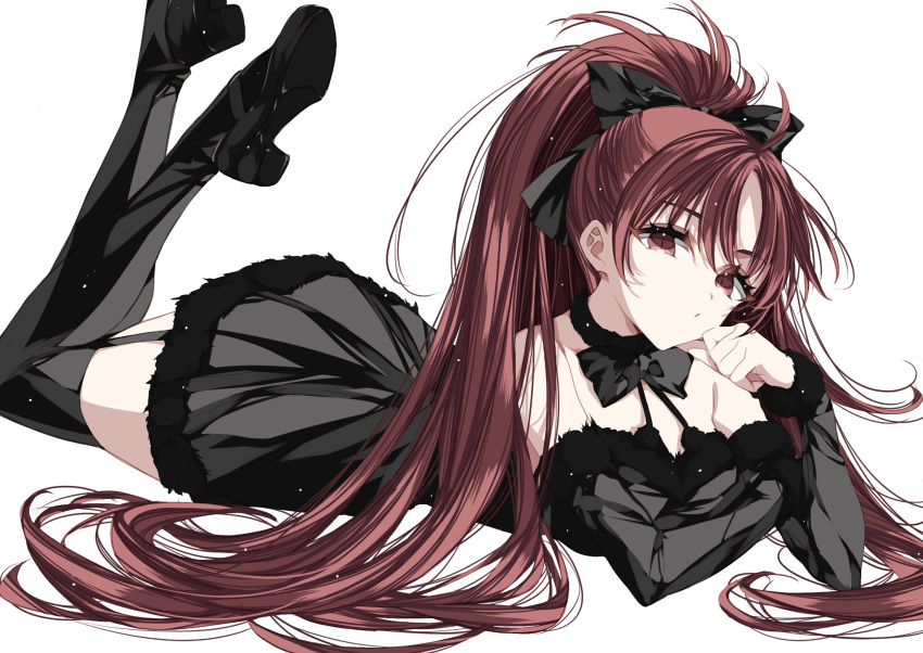 bare_shoulders black_bow black_dress black_necktie black_thighhighs bow collar covering_mouth detached_sleeves dress fur-trimmed_dress fur-trimmed_sleeves fur_trim garter_straps hair_bow hand_over_own_mouth high_heels highres long_hair lying mahou_shoujo_madoka_magica misteor necktie on_stomach ponytail red_eyes red_hair sakura_kyoko simple_background slit_pupils thighhighs white_background