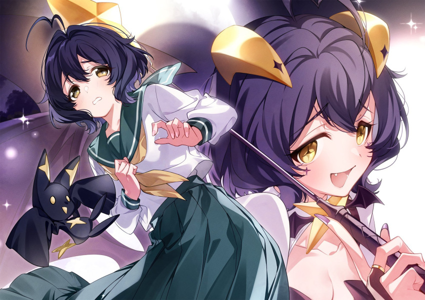 1girl ahoge black_hair breasts cleavage fang highres hiiragi_utena horns magia_baiser mahou_shoujo_ni_akogarete medium_breasts medium_hair multiple_views nail_polish official_art open_mouth riding_crop school_uniform skirt smile star-shaped_pupils star_(symbol) symbol-shaped_pupils venalita yellow_eyes