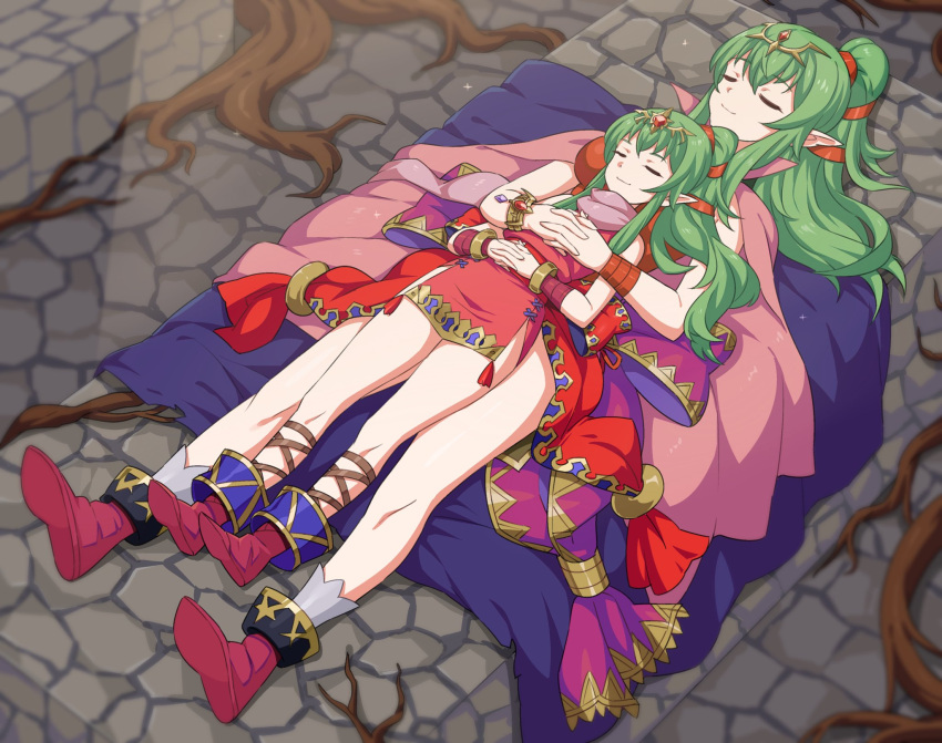 2girls blanket cape dual_persona fire_emblem fire_emblem:_mystery_of_the_emblem fire_emblem_awakening green_hair highres hug igni_tion in-franchise_crossover lying multiple_girls on_back red_footwear sleeping sleeping_on_person smile sunlight tiara tiki_(adult)_(fire_emblem) tiki_(fire_emblem) tiki_(young)_(fire_emblem)