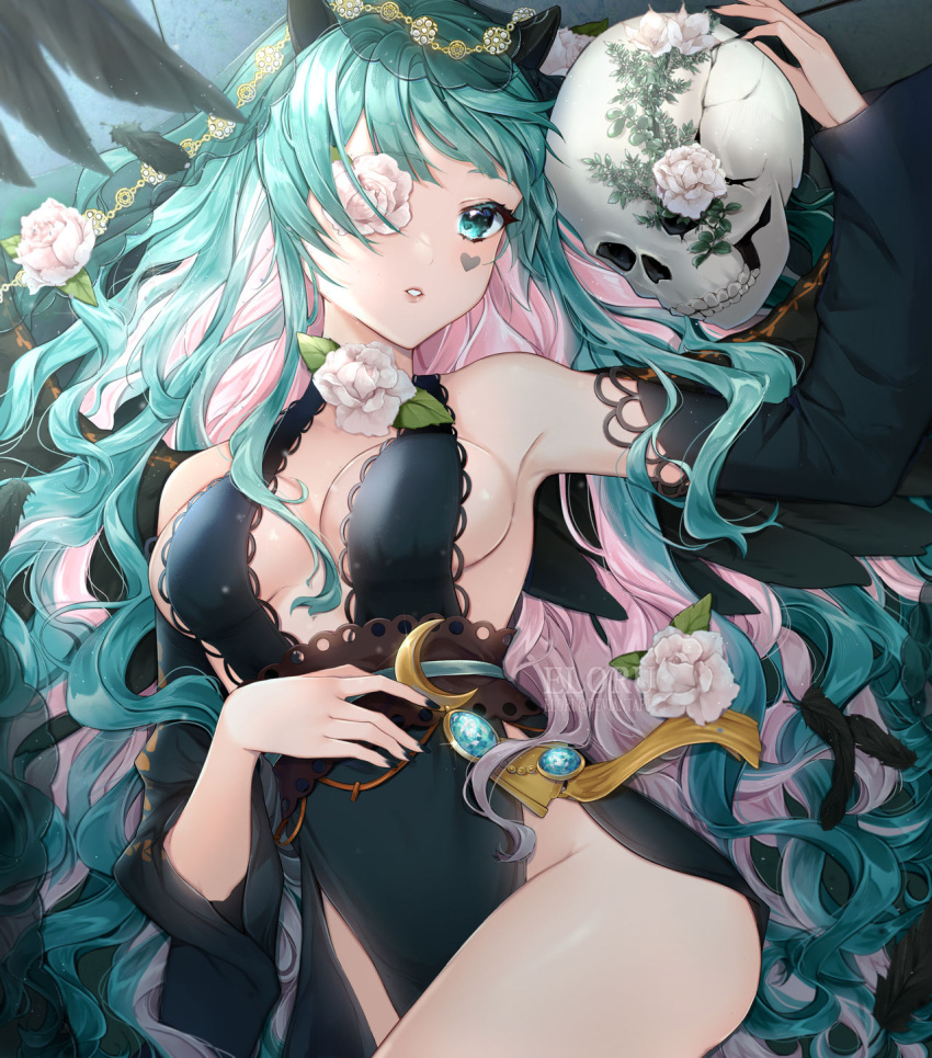 1girl aqua_eyes bare_shoulders black_dress black_horns black_nails black_sleeves breasts center_opening commentary commission cowboy_shot crescent detached_sleeves dress eloru english_commentary eyelashes flower flower_in_eye green_hair hairband hand_on_own_stomach heart heart_on_cheek heart_tattoo highres holding holding_skull horns lace-trimmed_dress lace_hairband lace_trim large_breasts leaf long_hair long_sleeves looking_at_viewer lying marking_on_cheek multicolored_hair nail_polish on_back one-eyed original parted_lips pink_hair pink_lips rose side_slit sideboob skull sleeveless sleeveless_dress small_horns solo symbol_in_eye tassel tattoo two-tone_hair very_long_hair wavy_hair white_flower white_rose wide_sleeves yellow_hairband