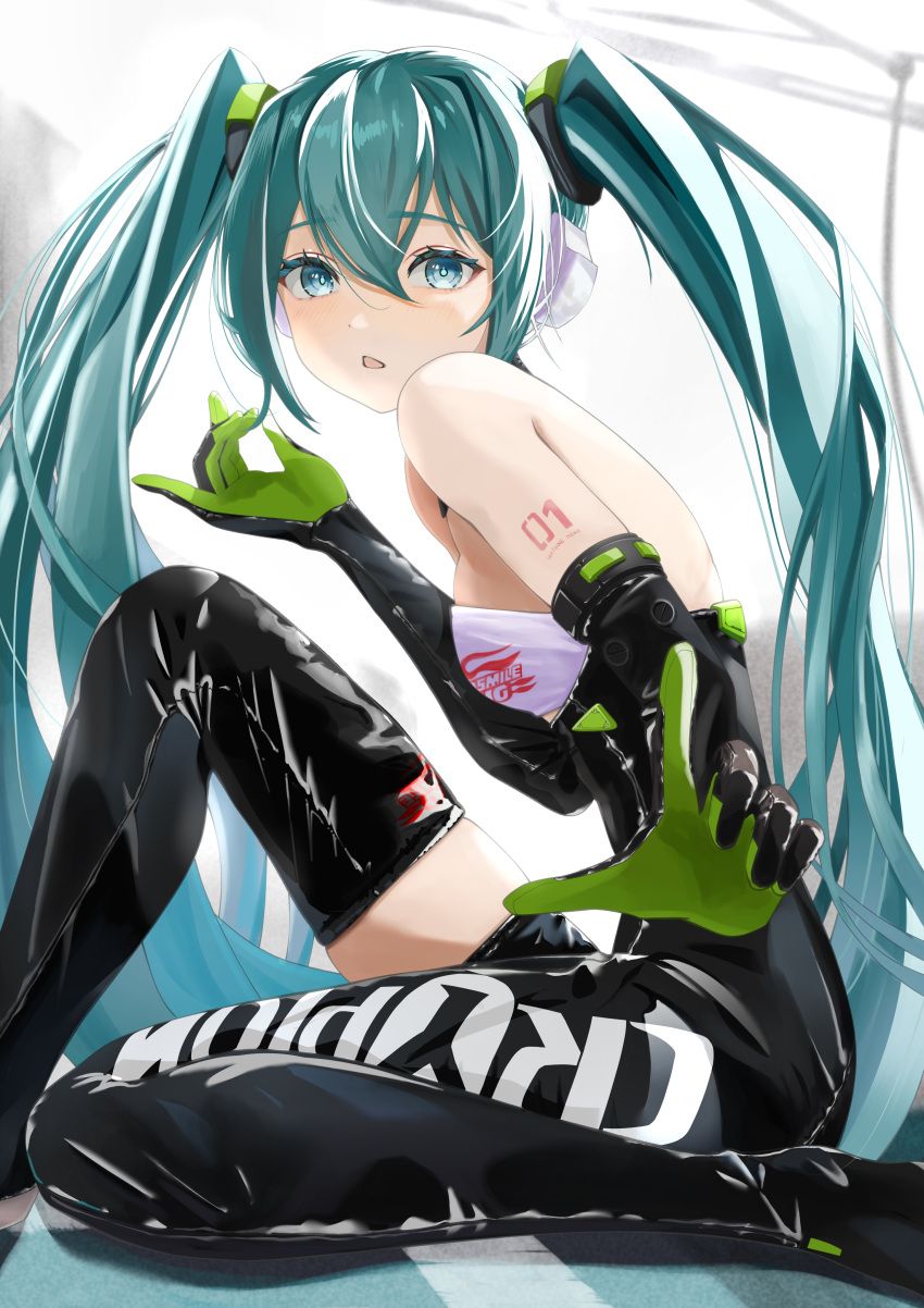 1girl absurdres aqua_eyes aqua_hair arm_tattoo black_bodysuit black_footwear black_gloves bodysuit boots breasts elbow_gloves from_side gloves green_gloves hair_between_eyes hatsune_miku highres hxk4_n long_hair looking_at_viewer number_tattoo open_mouth racing_miku racing_miku_(2022) sideboob single_thigh_boot sitting small_breasts solo tattoo thigh_boots triangle_mouth twintails two-tone_gloves very_long_hair vocaloid white_background