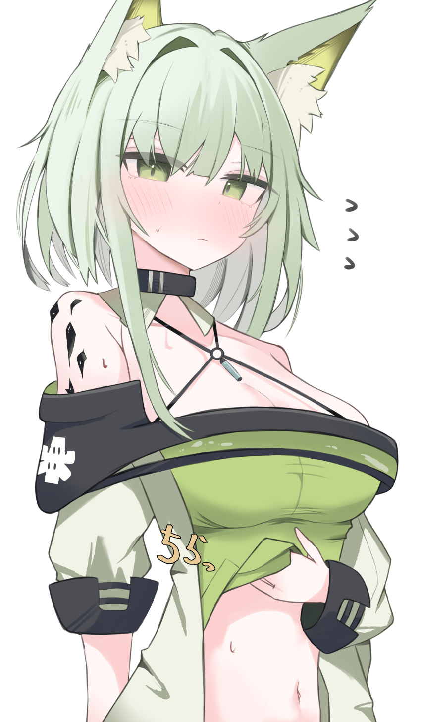 1girl absurdres animal_ear_fluff animal_ears arknights asymmetrical_hair bare_shoulders blue_dress blush breasts cat_ears cat_girl cleavage closed_mouth clothes_lift collarbone commentary dress dress_lift green_eyes green_hair highres kal'tsit_(arknights) large_breasts long_hair looking_at_viewer midriff navel nui_(nuinui0300) off-shoulder_dress off_shoulder oripathy_lesion_(arknights) simple_background solo sweatdrop white_background