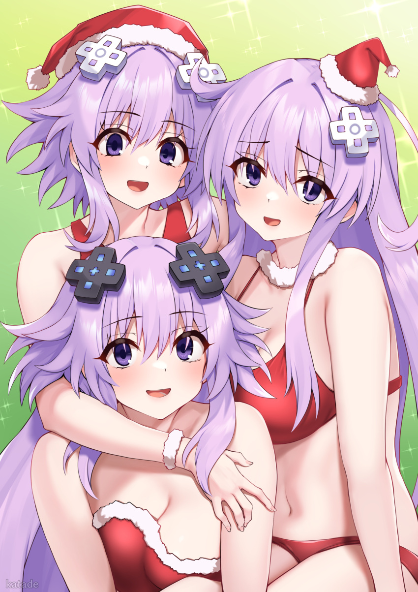 3girls :d absurdres adult_neptune bare_shoulders bikini blush breasts christmas cleavage commentary_request d-pad d-pad_hair_ornament dress fur_bracelet fur_choker green_background hair_between_eyes hair_intakes hair_ornament hat highres hug katade large_breasts long_hair looking_at_viewer mini_hat mini_santa_hat multiple_girls navel nepgear neptune_(neptunia) neptune_(series) open_mouth paid_reward_available partial_commentary pink_hair purple_eyes red_bikini red_dress red_headwear santa_dress santa_hat short_hair smile sparkle strapless strapless_dress swimsuit