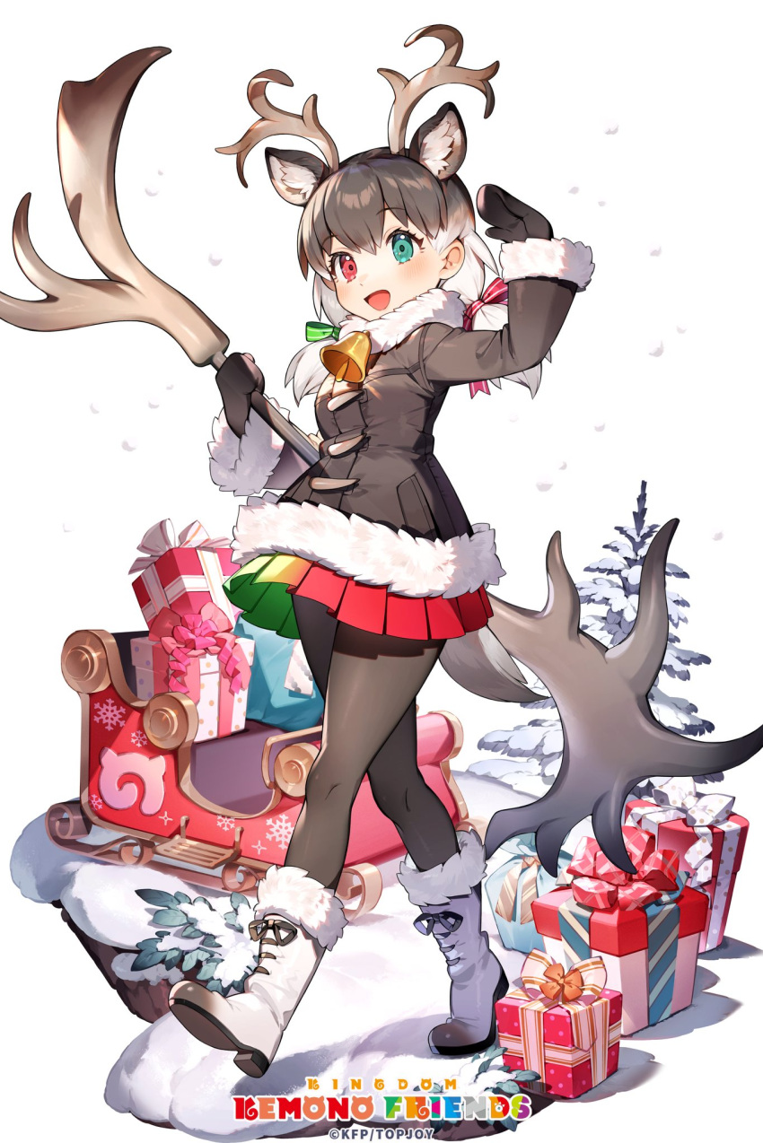 1girl animal_ears boots christmas christmas_present copyright_name extra_ears gift gloves green_eyes grey_hair highres horns jacket kemono_friends kemono_friends_kingdom long_hair looking_at_viewer official_art pantyhose red_eyes reindeer_(kemono_friends) ribbon skirt snow solo tail twintails weapon