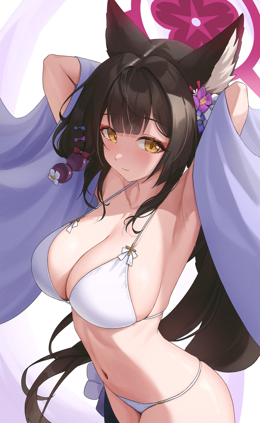 1girl absurdres animal_ear_fluff animal_ears armpits arms_behind_head bikini black_hair blue_archive blush bow breasts cleavage commentary eyeshadow flower fox_ears fox_girl hair_bow hair_flower hair_ornament halo highres large_breasts long_hair looking_at_viewer makeup multiple_hair_bows navel pink_halo rinrasetsu sideboob simple_background smile solo string_bikini swimsuit symbol-only_commentary wakamo_(blue_archive) wakamo_(swimsuit)_(blue_archive) white_background white_bikini yellow_eyes