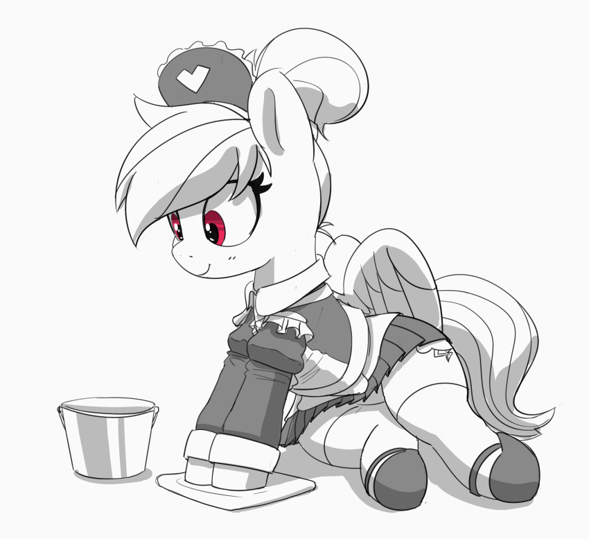 absurd_res bottomwear bucket clothed clothing container cutie_mark equid equine eyelashes female feral friendship_is_magic hair hasbro hi_res hooves legwear maid_headdress maid_uniform mammal monochrome my_little_pony pabbley pegasus purple_eyes rainbow_dash_(mlp) simple_background skirt solo spot_color stockings tail thigh_highs towel uniform white_background wings
