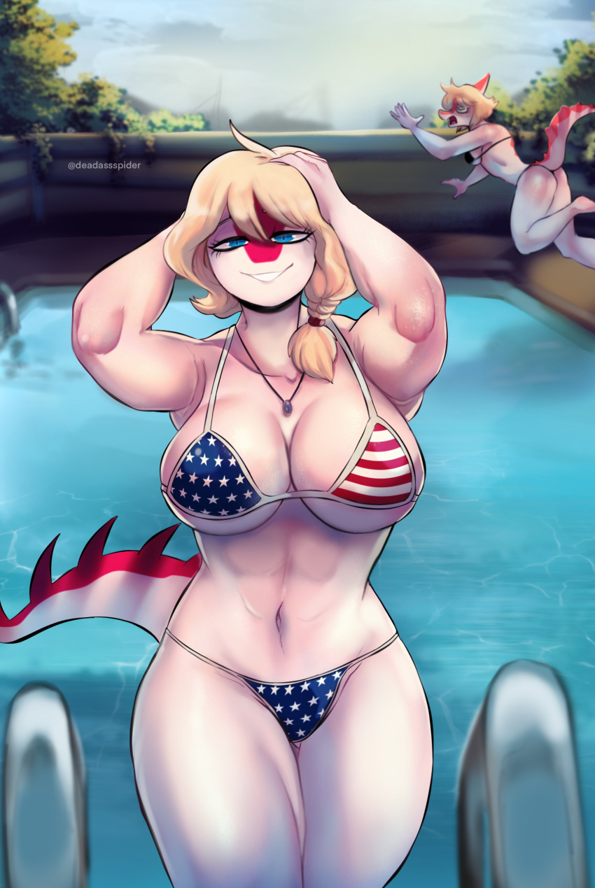 5_fingers absurd_res american_flag_bikini anthro big_breasts bikini black_bikini black_clothing black_swimwear blonde_hair blue_eyes braided_hair braided_ponytail breasts butt cleavage clothed clothing colored curvy_figure deadassspider dinosaur duo female fingers front_facing green_eyes hadrosaurid hair hand_in_hair hand_on_head hi_res i_wani_hug_that_gator long_tail looking_at_viewer mia_(iwhtg) narrowed_eyes navel orange_body orange_scales ornithischian outside parasaurolophus plant ponytail pool red_body red_scales reptile scales scalie shrub smile smiling_at_viewer spiked_tail spikes spikes_(anatomy) swimwear tail thigh_gap touching_hair tree water white_body white_scales wide_eyed