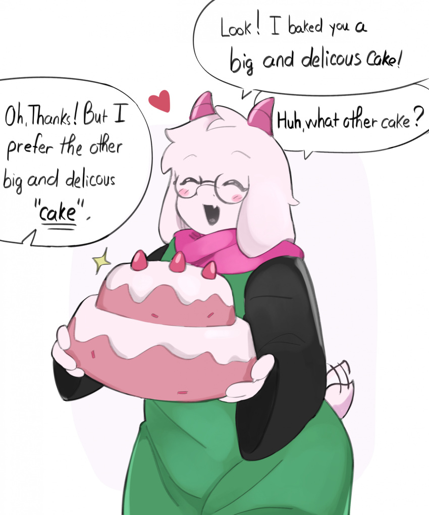 anthro bovid cake caprine clothed clothing deltarune dessert dialogue eyes_closed food fully_clothed fur goat hi_res holding_cake holding_food holding_object horn male mammal offscreen_character ralsei robe scarf short_tail smile solo speech_bubble tail tail_motion tailwag thenewpassion undertale_(series) white_body white_fur