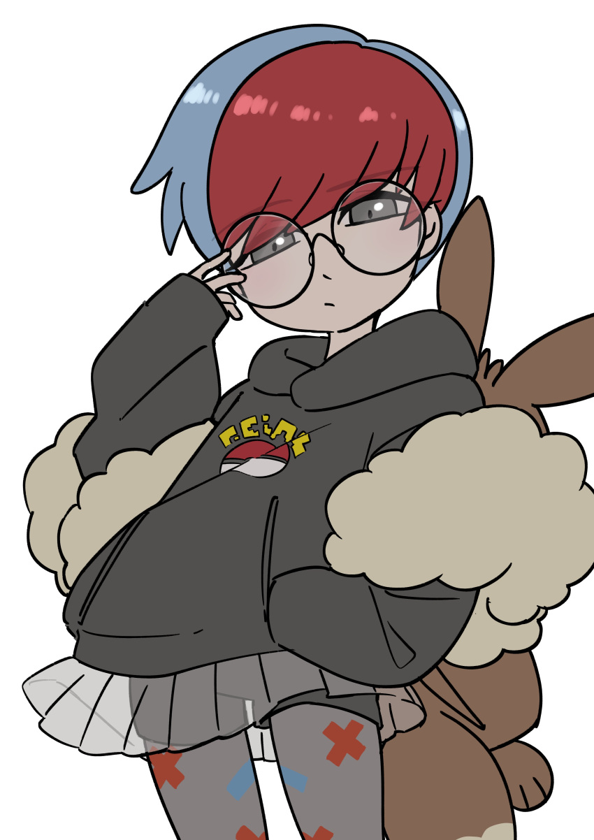 1girl absurdres adjusting_eyewear ayakadegozans backpack bag black_hoodie blue_hair brown_bag closed_mouth glasses grey_eyes grey_pantyhose highres hood hoodie long_sleeves multicolored_hair pantyhose penny_(pokemon) poke_ball_print pokemon pokemon_sv print_pantyhose red_hair round_eyewear see-through see-through_skirt short_hair shorts shorts_under_skirt skirt solo two-tone_hair