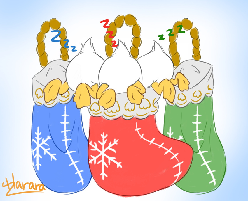 avian bird butt christmas christmas_stocking clothing colored_sketch dewey_duck digital_drawing_(artwork) digital_media_(artwork) disney duck feathers group harara hi_res holidays huey_duck legwear louie_duck signature simple_background sleeping snowflake sound_effects tail_feathers webbed_feet white_feathers zzz