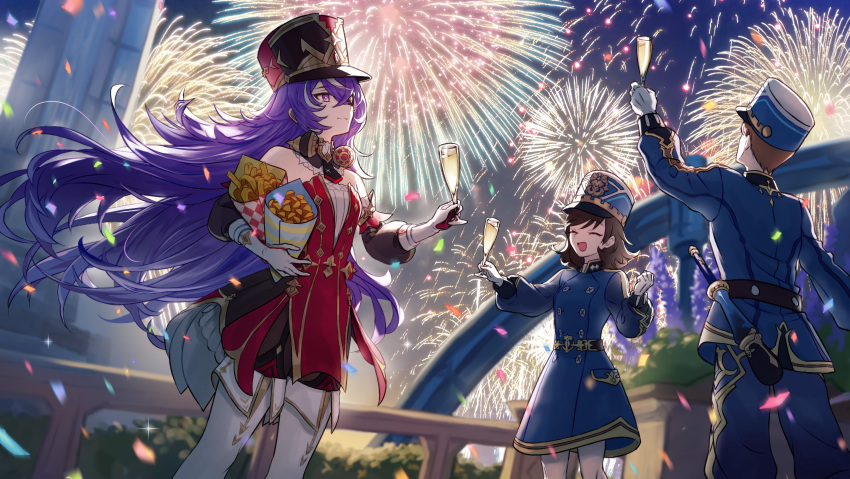 1boy 1girl 2girls absurdres bare_shoulders bright_pupils chevreuse_(genshin_impact) detached_sleeves dress earmuffs earmuffs_around_neck eyepatch fireworks food genshin_impact gloves hat highres holding holding_food long_hair mole mole_under_mouth multicolored_hair multiple_girls pointy_hair pokira puffy_detached_sleeves puffy_sleeves purple_eyes purple_hair red_dress second-party_source shako_cap strapless strapless_dress streaked_hair two-tone_dress two-tone_hair very_long_hair white_gloves white_hair white_pupils