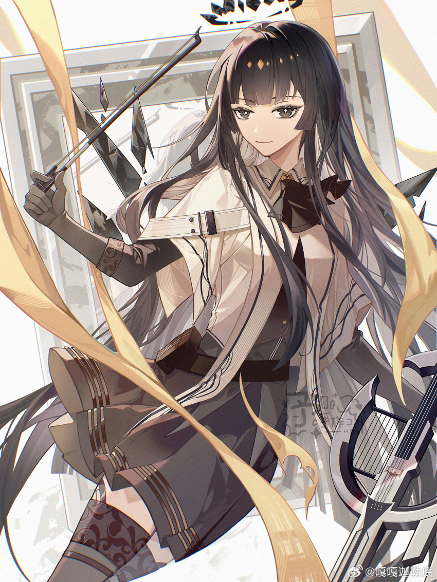 1girl arknights artist_name ascot belt belt_pouch black_ascot black_belt black_bustier black_garter_straps black_gloves black_hair black_halo black_pouch black_skirt black_thighhighs black_wings blunt_bangs bow_(music) breasts bright_pupils broken_halo bustier buttons cello chromatic_aberration closed_mouth collared_jacket commentary cowboy_shot dark_halo detached_wings dress_shirt energy_wings eyelashes film_grain floating floating_clothes floating_hair gagachaldea garter_straps gloves grey_eyes grey_hair grey_shirt halo hand_up highres hime_cut holding holding_bow_(music) instrument jacket layered_sleeves light_smile lips lipstick long_hair long_sleeves looking_at_viewer makeup miniskirt mirror mole mole_under_eye pale_skin pleated_skirt pouch red_lips reflection ribbon shadow shirt short_over_long_sleeves short_sleeved_jacket short_sleeves sidelocks skirt small_breasts solo strap thighhighs torn_ribbon very_long_hair violin virtuosa_(arknights) watermark weibo_logo weibo_username white_background white_jacket white_pupils wide_sleeves wing_collar wings yellow_ribbon zettai_ryouiki