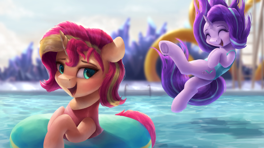 16:9 2017 clothing cutie_mark duo equestria_girls equine female feral friendship_is_magic hair hi_res hooves horn mammal multicolored_hair my_little_pony open_mouth outside starlight_glimmer_(mlp) sunset_shimmer_(eg) swimsuit two_tone_hair underhoof unicorn vanillaghosties wallpaper water