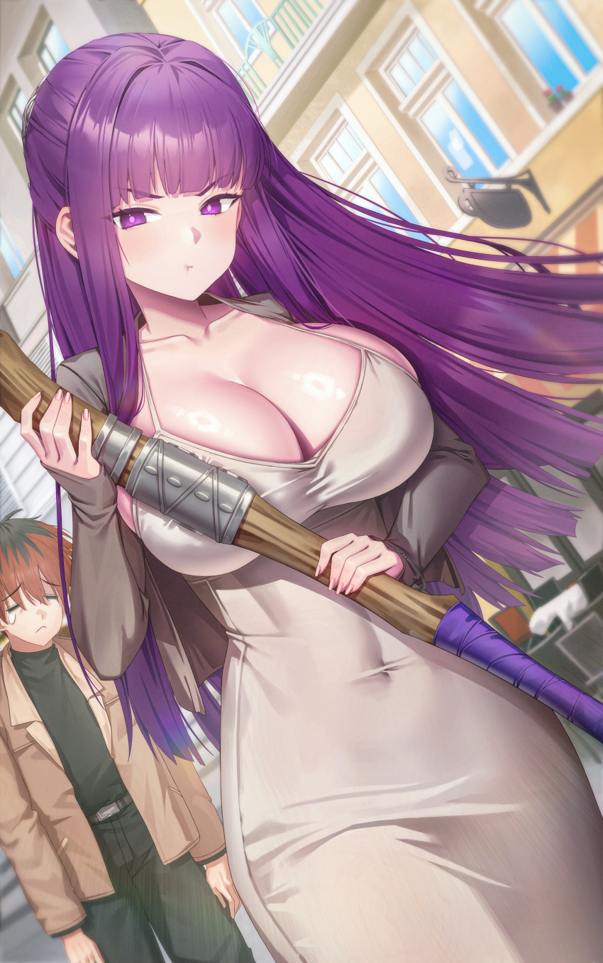 1boy 1girl absurdres alternate_breast_size angry black_pants black_shirt breasts closed_eyes covered_navel crying day dress fern_(sousou_no_frieren) frown highres holding holding_staff large_breasts long_hair long_sleeves looking_at_viewer mage_staff outdoors pants pout purple_eyes purple_hair red_hair shirt short_hair sousou_no_frieren sseli staff stark_(sousou_no_frieren) walking white_dress