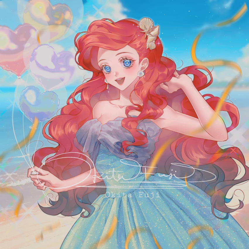 1girl ariel_(disney) balloon blie blue_dress blue_eyes breasts confetti curly_hair disney dress earrings fashion formal frilled_dress frills gold_ribbon gown hair_ornament highres holding holding_balloon jewelry long_hair medium_breasts okitafuji princess puffy_dress purple_dress red_hair sleeveless sleeveless_dress solo sparkle streamers the_little_mermaid