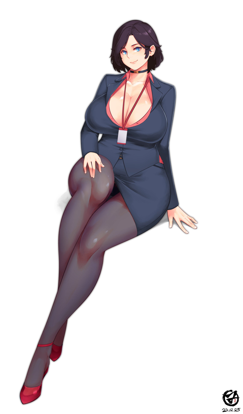 1girl absurdres black_choker black_suit blue_eyes breasts brown_hair choker cleavage commentary commission dated dress_shirt english_commentary high_heels highres id_card large_breasts medium_hair nachtness office_lady original pantyhose red_shirt shirt signature simple_background smile solo strappy_heels suit
