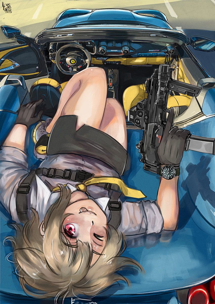 :p black_gloves brown_hair car collared_shirt convertible ferrari gloves gun h&amp;k_mp7 heckler_&amp;_koch highres holding holding_gun holding_weapon looking_at_viewer losslessarts love_live! love_live!_nijigasaki_high_school_idol_club lying magazine_(weapon) miniskirt motor_vehicle nakasu_kasumi necktie nike one_eye_closed optical_sight red_eyes shirt shoes short_hair short_sleeves skirt sneakers steering_wheel strap submachine_gun tactical_clothes tongue tongue_out watch weapon white_shirt wristwatch