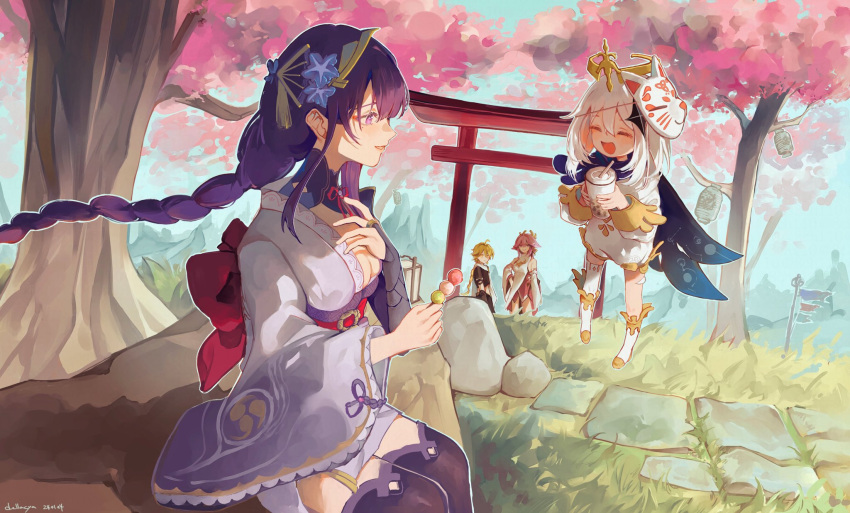 1boy 3girls 8ch110 aether_(genshin_impact) asymmetrical_legwear black_cape blonde_hair braid braided_ponytail breasts bubble_tea cape cherry_blossoms cleavage closed_eyes cup dango food fox_mask genshin_impact hair_ornament halo hand_on_own_chest highres holding holding_cup holding_food japanese_clothes kimono long_sleeves looking_at_another mask mask_on_head mole mole_under_eye multiple_girls open_mouth outdoors paimon_(genshin_impact) pink_hair purple_eyes purple_hair purple_kimono raiden_shogun romper sanshoku_dango single_braid smile tree wagashi white_hair white_romper yae_miko