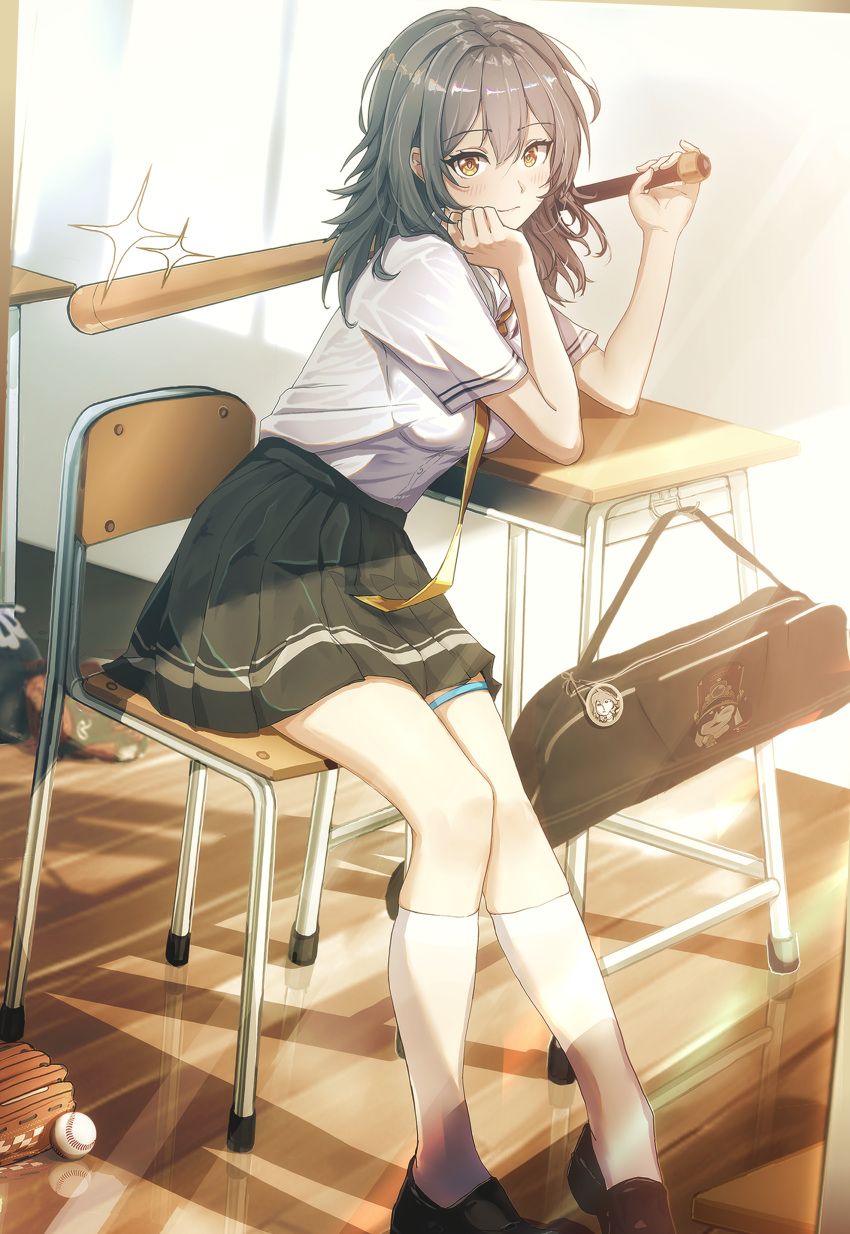 1girl absurdres alternate_costume arm_support baseball_bat blush breasts chair closed_mouth desk grey_hair highres holding holding_baseball_bat honkai:_star_rail honkai_(series) light_rays long_hair looking_at_viewer medium_breasts medium_hair school_chair school_desk school_uniform shirt sitting smile socks stelle_(honkai:_star_rail) sticker thighs trailblazer_(honkai:_star_rail) uniform wangzili_shitoumen white_socks yellow_eyes