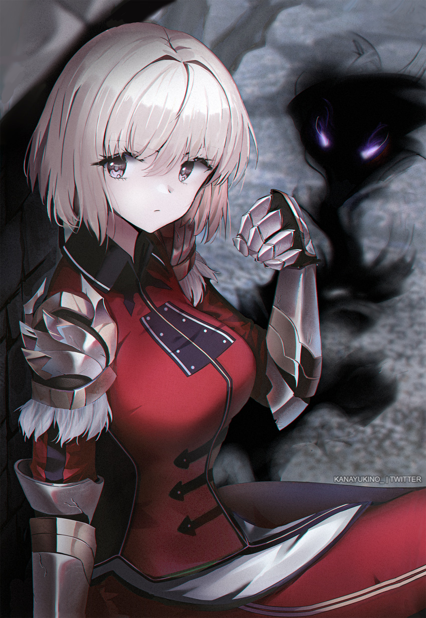 1girl against_wall armor black_coat blonde_hair breasts cha_hae-in clenched_hand closed_mouth coat commission crack eyebrows_hidden_by_hair feet_out_of_frame gauntlets hair_between_eyes highres kana_yukino large_breasts looking_to_the_side pants purple_eyes red_pants red_shirt shadow shirt short_hair shoulder_armor signature sitting solo solo_leveling upper_body