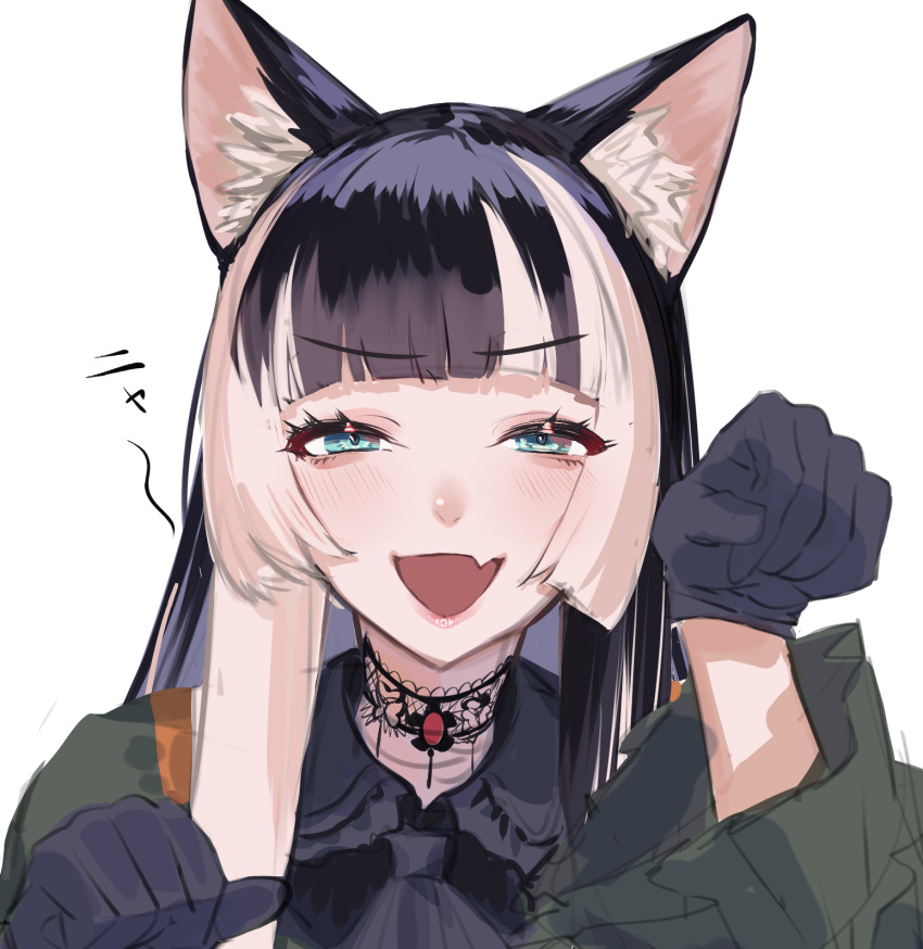 1girl :d animal_ears black_gloves black_hair blue_eyes blush cat_ears choker fang gloves highres hololive juufuutei_raden looking_at_viewer murechika simple_background skin_fang smile solo virtual_youtuber white_background white_hair