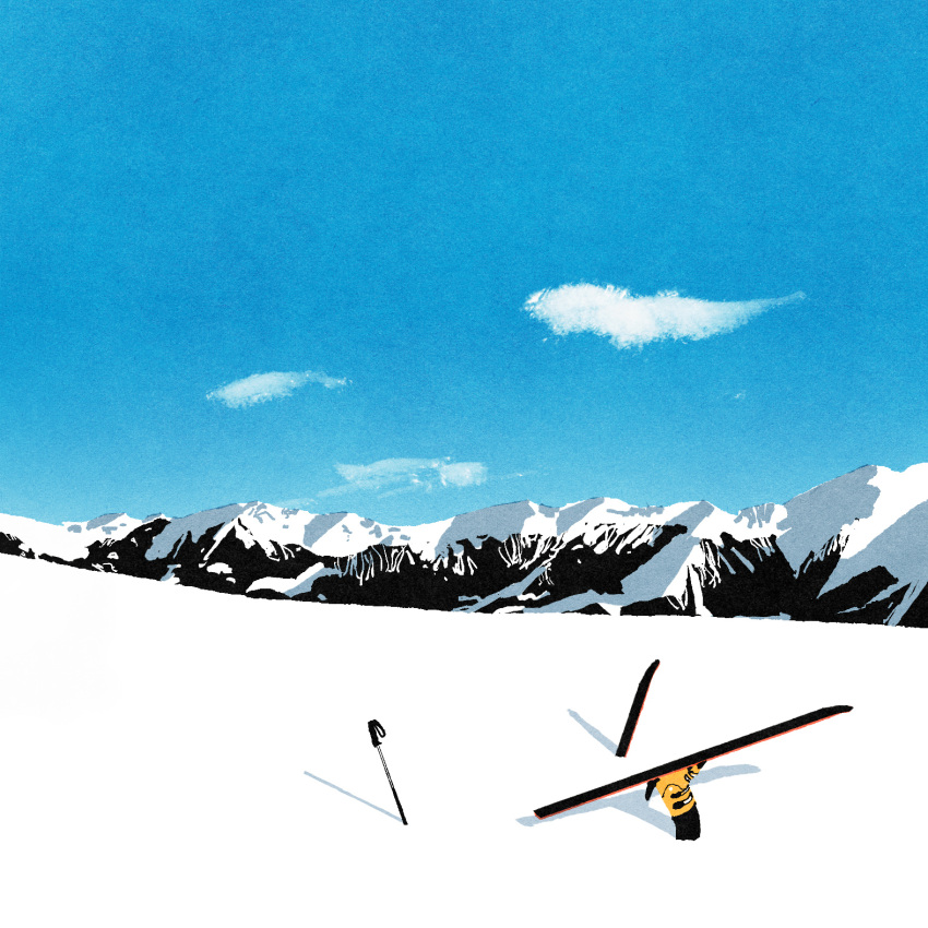 1other accident blue_sky building cloud day highres iida_kento mountain no_humans original outdoors scenery ski_pole skiing skis sky snow