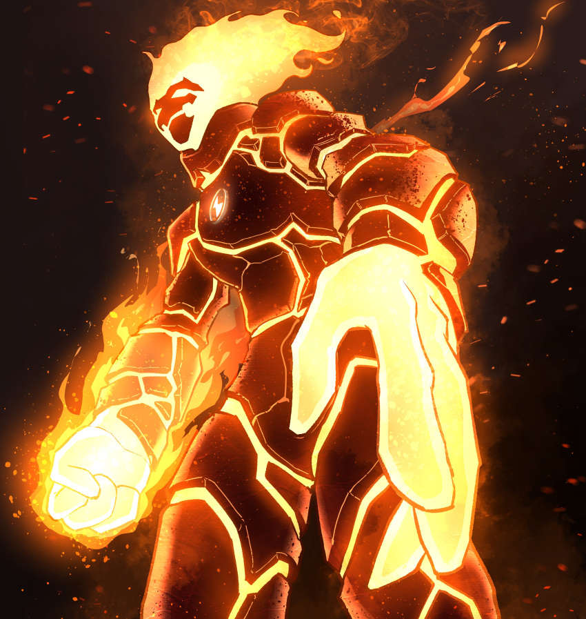 1boy absurdres alien arms_at_sides ben_10 brown_background embers facing_to_the_side feet_out_of_frame fewer_digits fiery_hair fire flaming_hand foreshortening from_below from_side glowing heatblast highres hollow_body legs_apart male_focus open_hand solo standing thirdphp