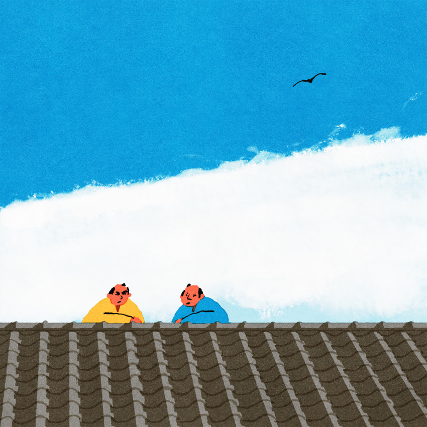 2boys bald bird blue_sky building cloud day highres iida_kento multiple_boys on_roof original outdoors rooftop scenery simple_bird sky tile_roof