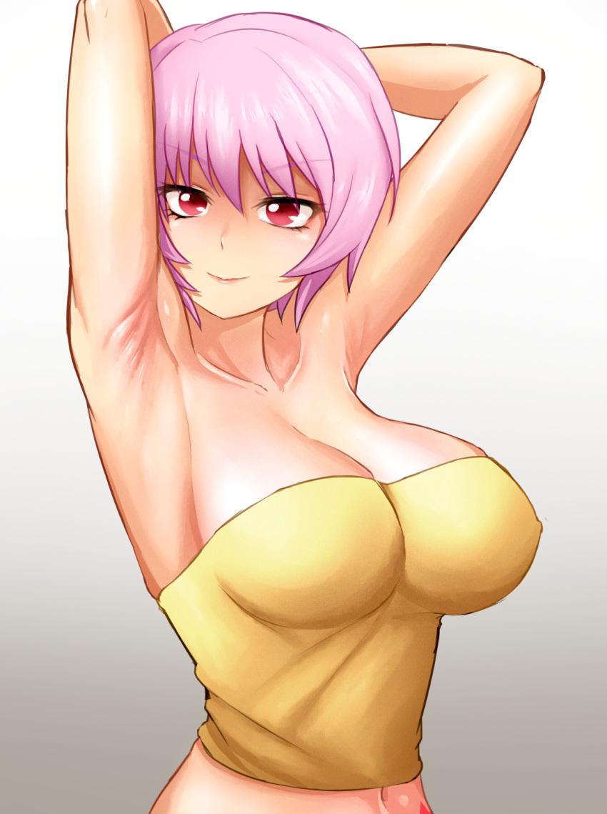 1girl armpit_focus armpits arms_behind_head arms_up bare_shoulders breasts cleavage closed_mouth collarbone crop_top gradient_background hair_between_eyes highres higurashi_no_naku_koro_ni impossible_clothes large_breasts long_bangs looking_at_viewer mamiya_rina midriff minorchara narrow_waist navel pink_hair pink_lips posing presenting_armpit red_eyes short_hair sidelocks simple_background skin_tight sleeveless smile solo strapless white_background