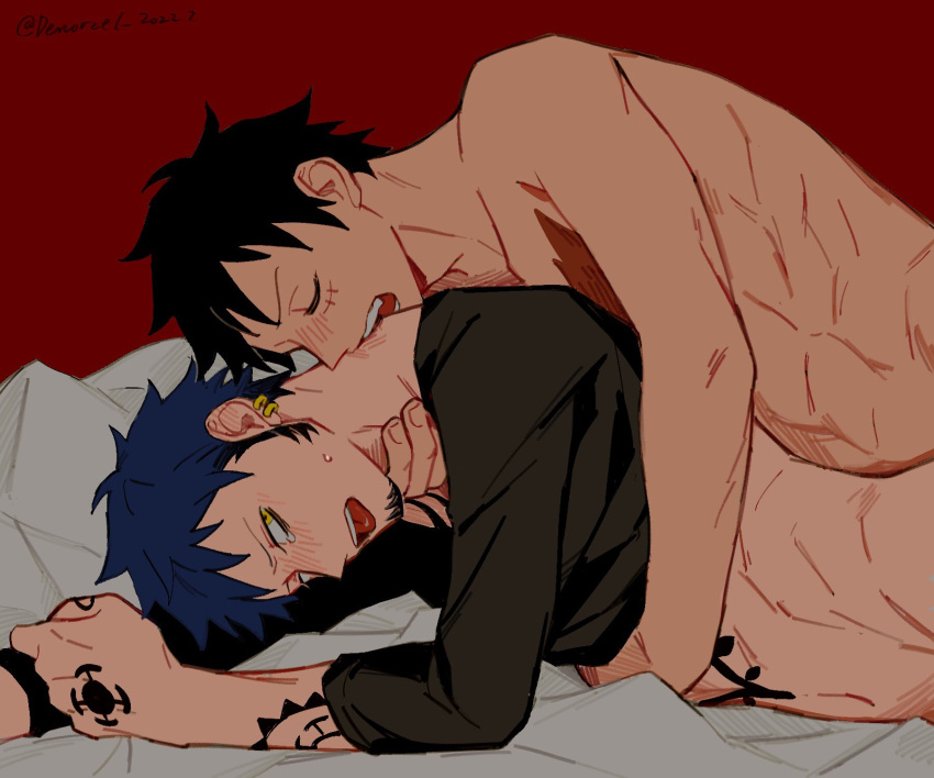 2022 2boys abs arm_tattoo bed biting black_hair black_shirt blush chest_tattoo closed_eyes commentary_request dated demorzel earrings facial_hair goatee hand_tattoo highres implied_sex jewelry monkey_d._luffy multiple_boys navel neck_biting neck_grab one_piece open_mouth pillow prone_bone red_background scar scar_on_cheek scar_on_face shirt short_hair sweater tattoo tears tongue tongue_out trafalgar_law yaoi yellow_eyes