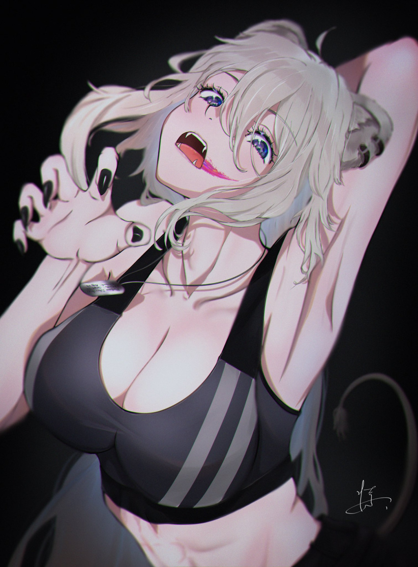 1girl abs ahoge animal_ears armpits arms_up black_eyeliner black_nails blue_eyes breasts claw_pose cleavage collarbone dog_tags ear_piercing eyelashes eyeliner fangs fingernails grey_eyes grey_hair hair_between_eyes head_tilt highres hololive large_breasts lion_ears lion_girl lion_tail long_hair looking_at_viewer makeup nail_polish open_mouth piercing scar scarf scarf_over_mouth sharp_fingernails shishiro_botan sohtatsu_b solo sports_bra striped_sports_bra tail toned virtual_youtuber
