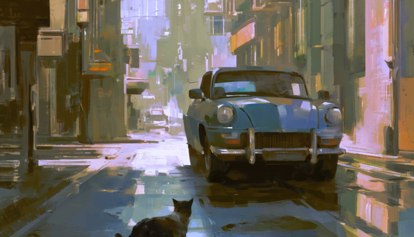 brush_stroke building car cat city faux_traditional_media highres lamppost motor_vehicle original painterly road street vehicle_request vintage_car wet_floor yuming_li