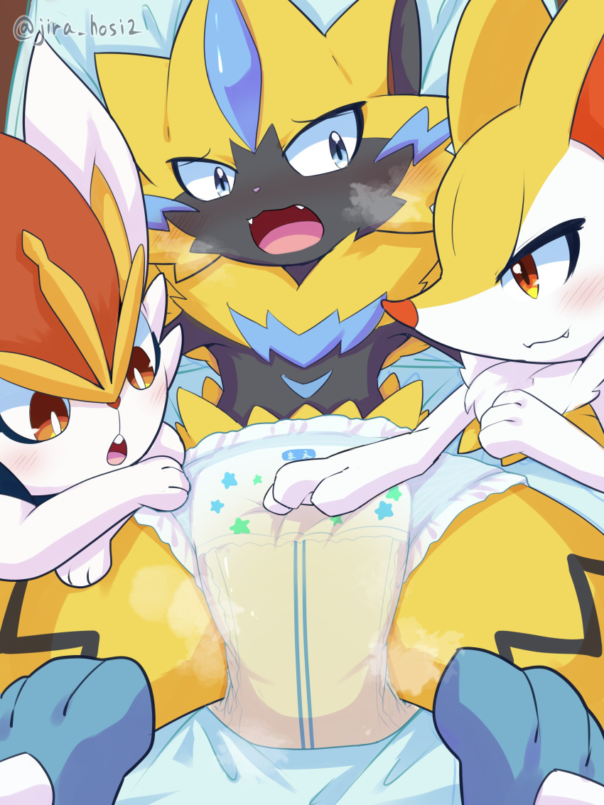 absurd_res ambiguous_gender anthro bed bedding blush bodily_fluids braixen clothing curious diaper embarrassed feral furniture generation_4_pokemon generation_6_pokemon generation_7_pokemon generation_8_pokemon genital_fluids group hand_on_diaper hi_res legendary_pokemon lucario lying nintendo on_back open_mouth paws pillow pokemon pokemon_(species) scorbunny shocked shocked_expression smile spread_legs spreading steam teeth tongue touching_diaper trio underwear urine wadorigi wet_diaper wetting zeraora