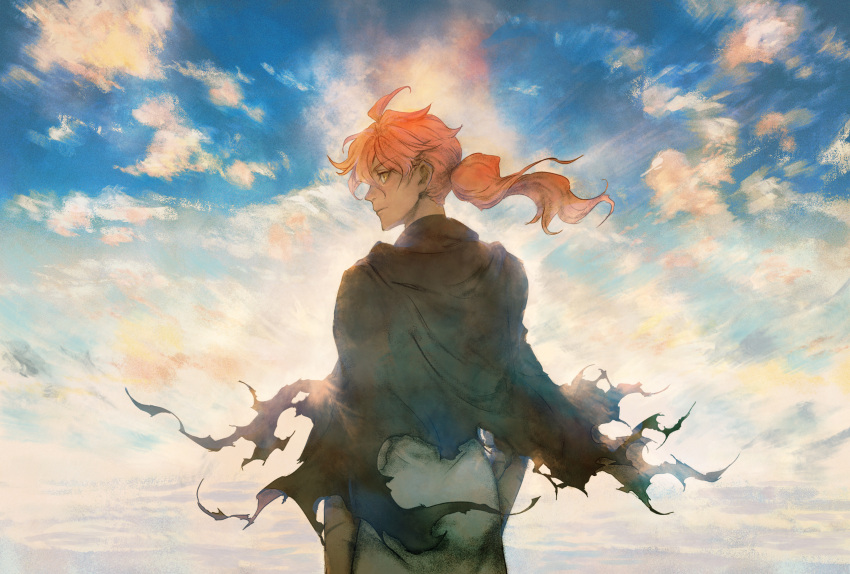 1boy ahoge black_cloak cloak closed_mouth cloud cloudy_sky coat cowboy_shot day fate/grand_order fate_(series) goetia_(fate) hair_between_eyes highres kin_mokusei long_hair looking_back male_focus orange_hair outdoors ponytail romani_archaman scar scar_on_arm sky spoilers torn_cloak torn_clothes white_coat yellow_eyes