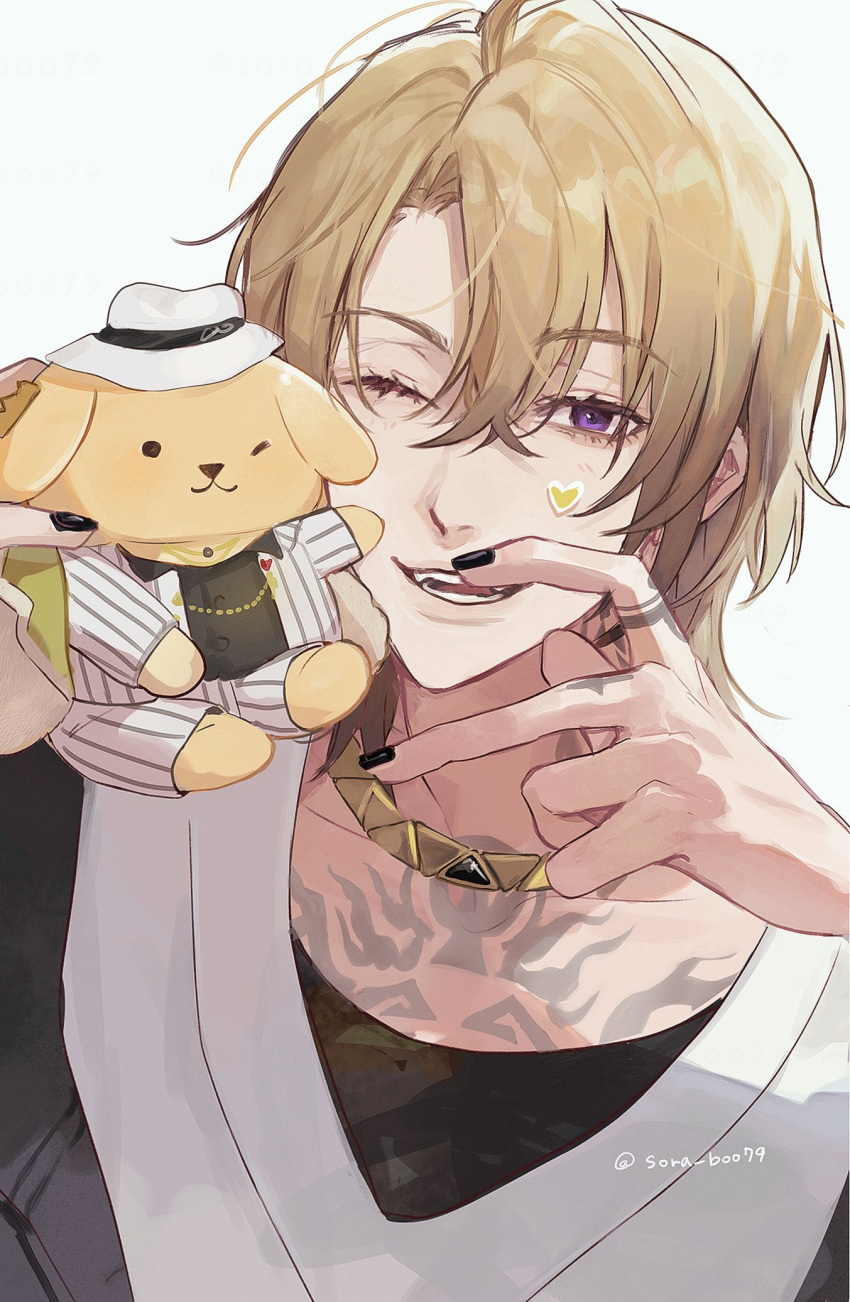 1boy black_nails blonde_hair chest_tattoo cosplay heart_sticker highres jewelry luca_kaneshiro luca_kaneshiro_(3rd_costume) luca_kaneshiro_(cosplay) male_focus necklace nijisanji nijisanji_en one_eye_closed open_mouth pompompurin purple_eyes sanrio shirt smile solo soranaki sticker_on_face tattoo white_shirt