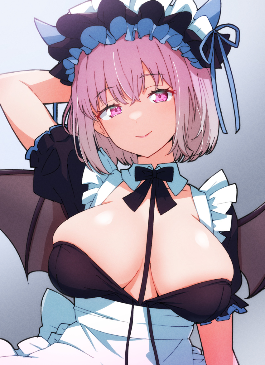 1girl alternate_costume apron arm_behind_head black_dress black_ribbon blue_horns blue_ribbon blush breasts breasts_apart brown_wings closed_mouth collar collarbone demon_horns demon_wings detached_collar dress enmaided frilled_apron frilled_headwear frills gradient_background grey_background gridman_universe hair_between_eyes highres horns kamidan large_breasts looking_at_viewer maid maid_headdress medium_hair neck_ribbon pink_eyes pink_hair pink_lips ribbon ribbon-trimmed_headwear ribbon_trim shinjou_akane short_sleeves smile solo ssss.gridman upper_body waist_apron white_apron white_collar white_headdress wings